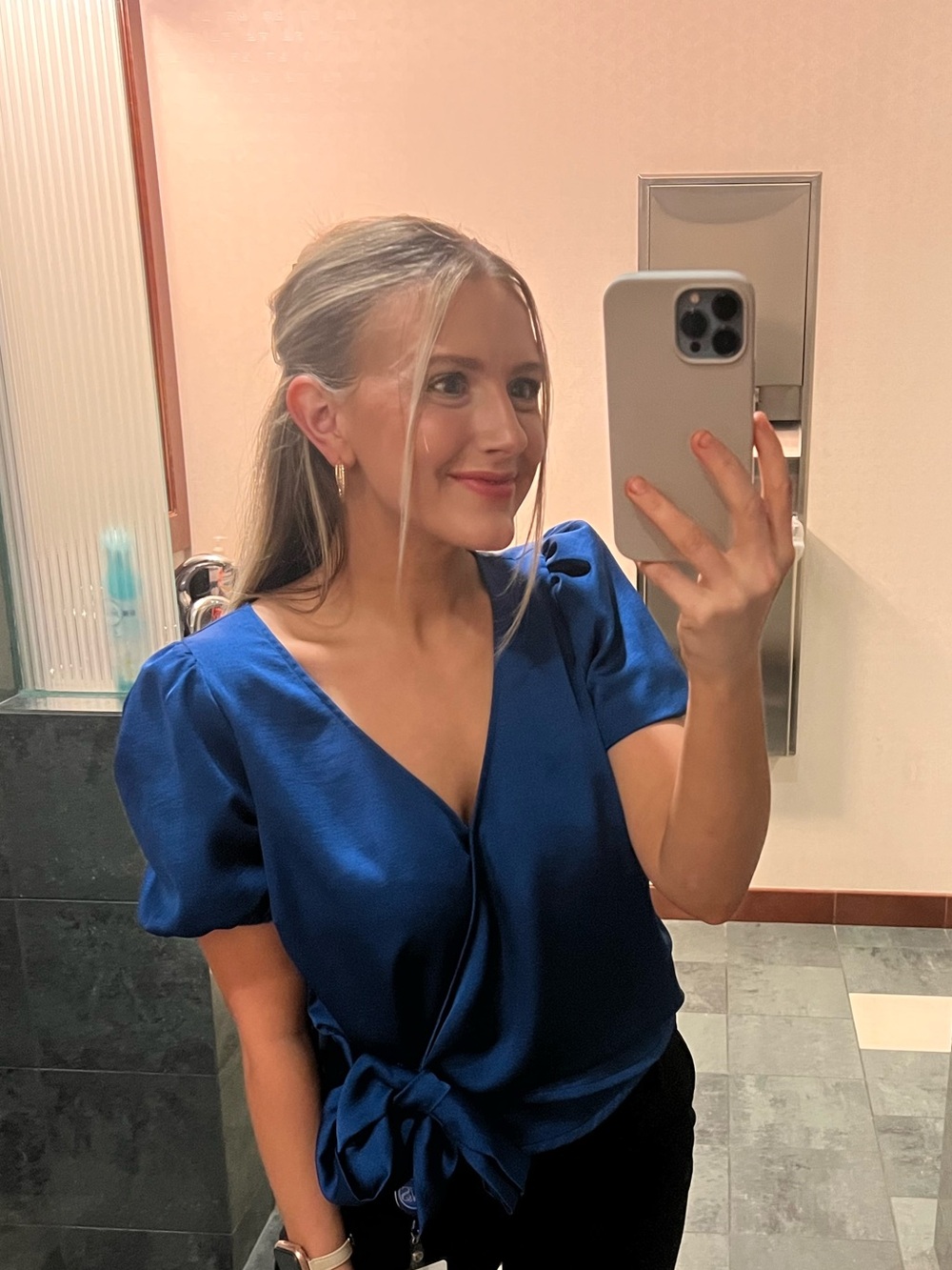 Nine West Royal Blue Satin V-Neck Tie-Waist Blouse